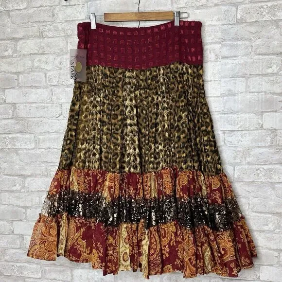 Sandy Starkman Multi-Color Patterned Maxi Skirt Tiered Beaded Shells Size M Boho